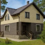 Проект дома «П-154» из СИП-панелей, 154 м² — двухэтажный дом с бежевым и коричневым фасадом, серой крышей и крыльцом | HotWell.KZ
