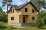 Дом «П-154», 154 м², 1.5 этажа, в черновой отделке: коробка из СИП-панелей OSB-3, двускатная кровля из металлочерепицы, проёмы без окон и дверей, в проёмах видны сосновые балки перекрытия