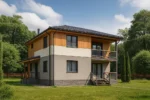 Проект дома «П-157» из СИП-панелей, 157 м² — двухэтажный дом с серым фасадом, черной крышей и балконом | HotWell.KZ