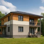 Проект дома «П-157» из СИП-панелей, 157 м² — двухэтажный дом с серым фасадом, черной крышей и балконом | HotWell.KZ