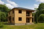 Дом «П-157», 157 м², 2 этажа, в черновой отделке: коробка из СИП-панелей OSB-3, вальмовая кровля из металлочерепицы, проёмы без окон и дверей, в проёмах видны сосновые балки перекрытия