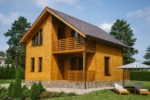 Проект дома «П-157Б» из СИП-панелей, 157 м² — двухэтажный дом с деревянным фасадом, коричневой крышей и балконом | HotWell.KZ