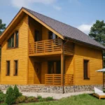 Проект дома «П-157Б» из СИП-панелей, 157 м² — двухэтажный дом с деревянным фасадом, коричневой крышей и балконом | HotWell.KZ
