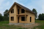 Дом «П-157Б», 157 м², 1.5 этажа, в черновой отделке: коробка из СИП-панелей OSB-3, двускатная кровля из металлочерепицы, проёмы без окон и дверей, в проёмах видны сосновые балки перекрытия