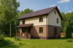 Проект дома «П-160» из СИП-панелей, 160 м² — двухэтажный дом с бежевым фасадом, коричневой крышей и крытым крыльцом | HotWell.KZ