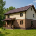 Проект дома «П-160» из СИП-панелей, 160 м² — двухэтажный дом с бежевым фасадом, коричневой крышей и крытым крыльцом | HotWell.KZ