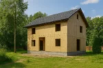 Дом «П-160», 160 м², 2 этажа, в черновой отделке: коробка из СИП-панелей OSB-3, двускатная кровля из металлочерепицы, проёмы без окон и дверей, в проёмах видны сосновые балки перекрытия