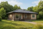 Проект дома «П-161» из СИП-панелей, 161 м² — одноэтажный дом с бежевым фасадом, серой крышей и террасой | HotWell.KZ