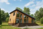 Проект дома «П-162» из СИП-панелей, 162 м² — двухэтажный дом с деревянным фасадом, черной крышей и панорамными окнами | HotWell.KZ