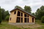 Дом «П-162», 162 м², 1.5 этажа, в черновой отделке: коробка из СИП-панелей OSB-3, односкатная кровля из металлочерепицы, проёмы без окон и дверей, в проёмах видны сосновые балки перекрытия