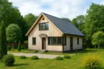 Проект дома «П-162Б» из СИП-панелей, 162 м² — двухэтажный дом с деревянным фасадом, черной крышей и крыльцом | HotWell.KZ