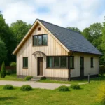 Проект дома «П-162Б» из СИП-панелей, 162 м² — двухэтажный дом с деревянным фасадом, черной крышей и крыльцом | HotWell.KZ