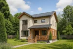 Проект дома «П-163» из СИП-панелей, 163 м² — двухэтажный дом с бежевым фасадом, серой крышей и крытым крыльцом | HotWell.KZ