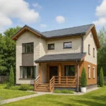Проект дома «П-163» из СИП-панелей, 163 м² — двухэтажный дом с бежевым фасадом, серой крышей и крытым крыльцом | HotWell.KZ