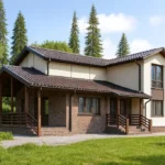 Проект дома «П-163Б» из СИП-панелей, 163 м² — двухэтажный дом с коричневым фасадом, темной крышей и террасой | HotWell.KZ