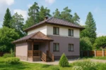Проект дома «П-167» из СИП-панелей, 167 м² — двухэтажный дом с коричневым фасадом, темной крышей и крытым крыльцом | HotWell.KZ