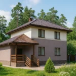 Проект дома «П-167» из СИП-панелей, 167 м² — двухэтажный дом с коричневым фасадом, темной крышей и крытым крыльцом | HotWell.KZ