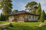 Проект дома «П-170» из СИП-панелей, 170 м² — одноэтажный дом с бежевым фасадом, тёмной крышей и террасой | HotWell.KZ