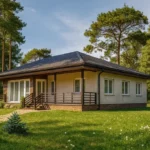 Проект дома «П-170» из СИП-панелей, 170 м² — одноэтажный дом с бежевым фасадом, тёмной крышей и террасой | HotWell.KZ