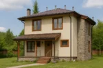 Проект дома «П-170Б» из СИП-панелей, 170 м² — двухэтажный дом с бежевым фасадом, коричневой крышей и крытым крыльцом | HotWell.KZ