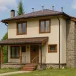 Проект дома «П-170Б» из СИП-панелей, 170 м² — двухэтажный дом с бежевым фасадом, коричневой крышей и крытым крыльцом | HotWell.KZ