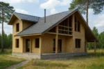 Дом «П-171», 171 м², 1,5 этажа, в черновой отделке: коробка из СИП-панелей OSB-3, двускатная кровля из металлочерепицы, проёмы без окон и дверей, в проёмах видны сосновые балки перекрытия