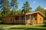 Проект дома «П-172» из СИП-панелей, 172 м² — одноэтажный дом с деревянным фасадом, коричневой крышей и крытой террасой | HotWell.KZ