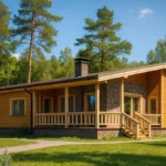 Проект дома «П-172» из СИП-панелей, 172 м² — одноэтажный дом с деревянным фасадом, коричневой крышей и крытой террасой | HotWell.KZ