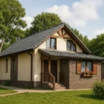 Проект дома «П-173» из СИП-панелей, 173 м² — двухэтажный дом с коричневым фасадом, серой крышей и крыльцом | HotWell.KZ