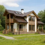 Проект дома «П-174» из СИП-панелей, 174 м² — двухэтажный дом с белым фасадом, коричневой крышей и балконом | HotWell.KZ