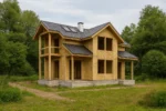 Дом «П-174», 174 м², 1.5 этажа, в черновой отделке: коробка из СИП-панелей OSB-3, двускатная кровля из металлочерепицы, проёмы без окон и дверей, в проёмах видны сосновые балки перекрытия