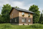 Проект дома «П-176» из СИП-панелей, 176 м² — двухэтажный дом с коричневым фасадом, черной крышей и цветочными ящиками | HotWell.KZ