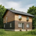 Проект дома «П-176» из СИП-панелей, 176 м² — двухэтажный дом с коричневым фасадом, черной крышей и цветочными ящиками | HotWell.KZ