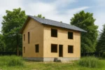 Дом «П-176», 176 м², 2 этажа, в черновой отделке: коробка из СИП-панелей OSB-3, двускатная кровля из металлочерепицы, проёмы без окон и дверей, в проёмах видны сосновые балки перекрытия