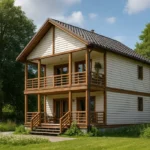 Проект дома «П-178» из СИП-панелей, 178 м² — двухэтажный дом с белым фасадом, коричневыми элементами и балконом | HotWell.KZ