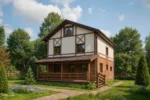 Проект дома «П-179» из СИП-панелей, 179 м² — двухэтажный дом с коричневым фасадом, коричневой крышей и крытой террасой | HotWell.KZ