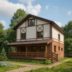 Проект дома «П-179» из СИП-панелей, 179 м² — двухэтажный дом с коричневым фасадом, коричневой крышей и крытой террасой | HotWell.KZ