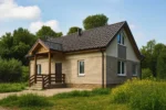 Проект дома «П-180» из СИП-панелей, 180 м² — одноэтажный дом с бежевым фасадом, коричневой крышей и крытым крыльцом | HotWell.KZ