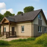 Проект дома «П-180» из СИП-панелей, 180 м² — одноэтажный дом с бежевым фасадом, коричневой крышей и крытым крыльцом | HotWell.KZ
