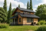 Проект дома «П-180Б» из СИП-панелей, 180 м² — двухэтажный дом с деревянным фасадом, черной крышей и террасой | HotWell.KZ