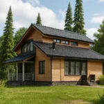 Проект дома «П-180Б» из СИП-панелей, 180 м² — двухэтажный дом с деревянным фасадом, черной крышей и террасой | HotWell.KZ