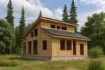 Дом «П-180Б», 180 м², 1.5 этажа, в черновой отделке: коробка из СИП-панелей OSB-3, двускатная кровля из металлочерепицы, проёмы без окон и дверей, в проёмах видны сосновые балки перекрытия