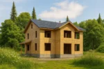 Дом «П-180В», 180 м², 2 этажа, в черновой отделке: коробка из СИП-панелей OSB-3, двускатная кровля из металлочерепицы, проёмы без окон и дверей, в проёмах видны сосновые балки перекрытия