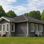 Проект дома «П-181» из СИП-панелей, 181 м² — одноэтажный дом с серым фасадом, темной крышей и крыльцом | HotWell.KZ