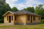 Дом «П-181», 181 м², 1 этаж, в черновой отделке: коробка из СИП-панелей OSB-3, вальмовая кровля из металлочерепицы, проёмы без окон и дверей