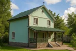 Проект дома «П-182» из СИП-панелей, 182 м² — двухэтажный дом с зелёным фасадом, зелёной крышей и крытой террасой | HotWell.KZ