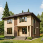 Проект дома «П-183» из СИП-панелей, 183 м² — двухэтажный дом с бежевым фасадом, коричневой крышей и крыльцом | HotWell.KZ