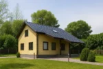 Проект дома «П-183Б» из СИП-панелей, 183 м² — двухэтажный дом с жёлтым фасадом, синей крышей и крытым крыльцом | HotWell.KZ