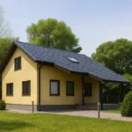 Проект дома «П-183Б» из СИП-панелей, 183 м² — двухэтажный дом с жёлтым фасадом, синей крышей и крытым крыльцом | HotWell.KZ