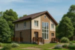 Проект дома «П-183В» из СИП-панелей, 183 м² — двухэтажный дом с бежевым фасадом, коричневой крышей и панорамными окнами | HotWell.KZ